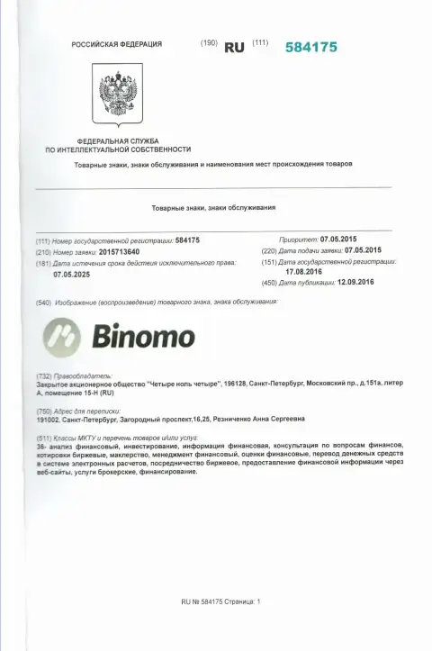Описание фирменного знака Биномо Ком в Российской Федерации и его обладатель