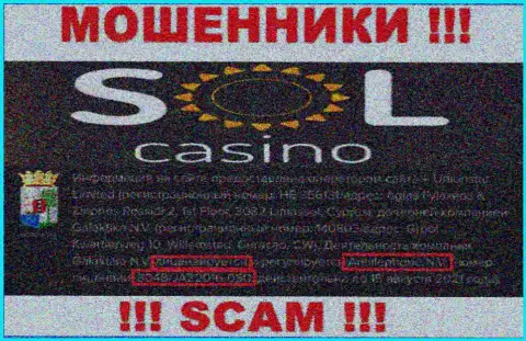 Будьте осторожны, зная номер лицензии на осуществление деятельности SolCasino с их web-ресурса, избежать противоправных действий не удастся - это ВОРЮГИ !!!