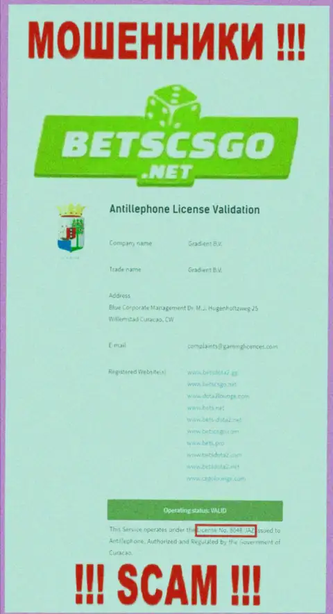 На портале жуликов Bets CS GO хотя и представлена их лицензия, однако они в любом случае МОШЕННИКИ