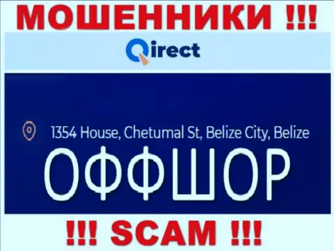 Организация Qirect указывает на информационном ресурсе, что расположены они в оффшорной зоне, по адресу 1354 House, Chetumal St, Belize City, Belize