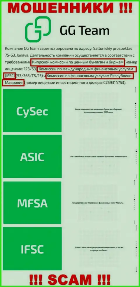 Регулятор - IFSC, точно также как и его подлежащая контролю компания GG-Team Com - ШУЛЕРА