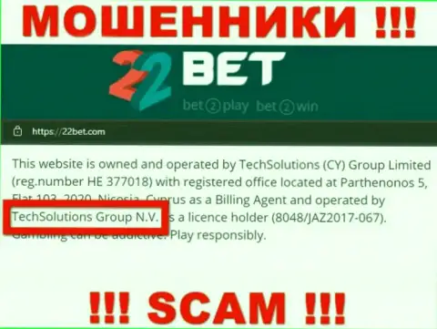 TechSolutions Group N.V. - это организация, владеющая internet-мошенниками 22Бет Ком