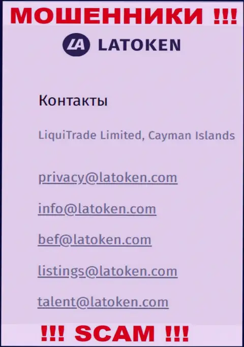Электронная почта мошенников Latoken, размещенная на их веб-сервисе, не пишите, все равно ограбят