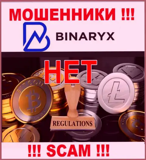 На веб-ресурсе мошенников Binaryx Com нет инфы об регуляторе - его попросту нет