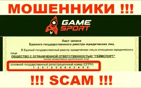 Регистрационный номер организации, владеющей GameSport Bet - 1207800042450